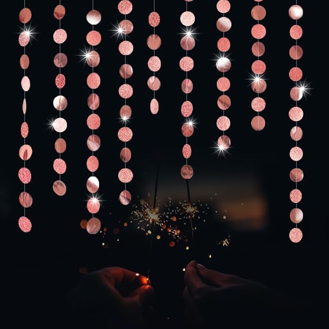 Shining Rose Gold Circle Dots Hanging Garland Sparkling Streamer Glitter Bunting Banner Backdrop for Wedding Baby Shower Birthday Xmas Decor 40 Feet