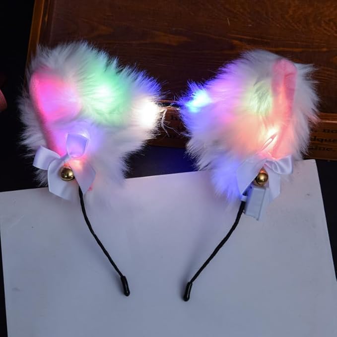 Light Up Headband Cat Ears With Bell Furry Headband Rave Accessories For Women Girls Valentine's Day Party Costume