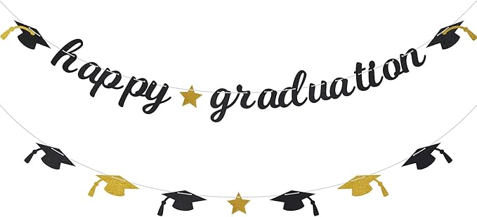 Happy Graduation Glitter Banner Graduation Congratulations Party Decorations Black Gold