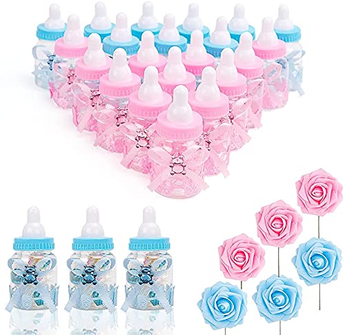 MACTING 2 Dozens Feeding Bottle Candy Box with 6pcs Artificial Flower Rose, 3.5 Inch Boys Girls Favor Baby Bottles for Baby Shower Favor Gift Decoration, Blue Pink