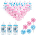 MACTING 2 Dozens Feeding Bottle Candy Box with 6pcs Artificial Flower Rose, 3.5 Inch Boys Girls Favor Baby Bottles for Baby Shower Favor Gift Decoration, Blue Pink
