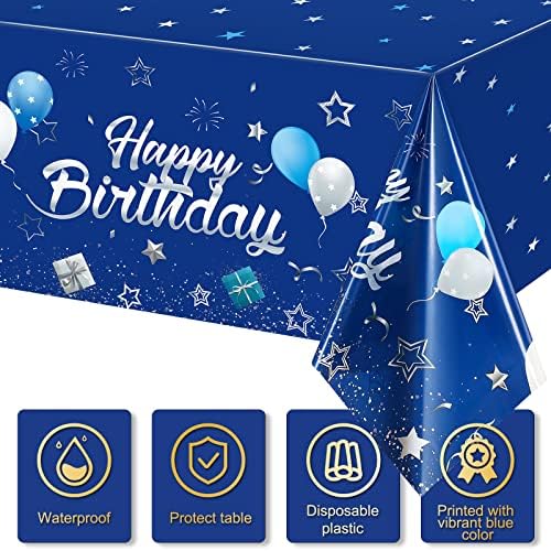 Tegeme Navy Blue Party Supplies Stars Happy Birthday Tablecloths Starry Confetti Table Covers for Kids Boys Girls Baby Shower Birthday Party Decorations(Navy Blue and Silver,6 Pack)