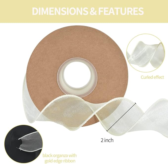TONIFUL 1-1/2 Inch Wide Beige Cream White Wired Chiffon Ribbon Sheer Organza Ribbons for Crafts Floral Bouquets Wedding Car Party Decorations Valentine's Day Gift Wrapping Bow Making Tree Wreaths