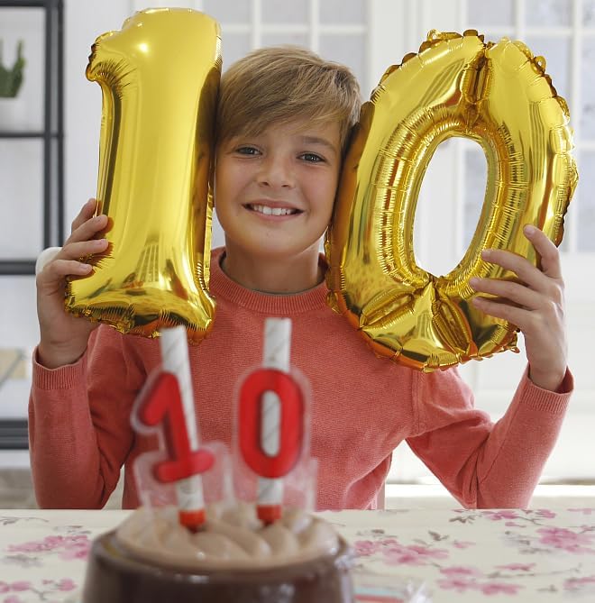 Large Gold 10 Number Balloons, 40 Inch Jumbo Number 10 Balloon, Gold Foil Mylar Balloons for Girl Sweet 10th Birthday Party, Anniversary Decorations