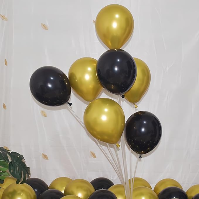 200 Pcs Black and Gold Balloons 12 Inch Latex Black Metallic Chrome Gold Balloon for Birthday Wedding Bridal Baby Shower Supplies Graduation Party Decorations