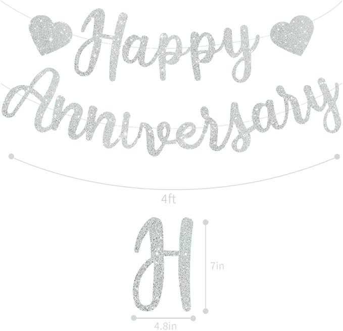 BEISHIDA Silver Happy Anniversary Banner, Pre-Strung - Glitter Happy Anniversary Banner，NO DIY - Silver Glitter Garland Sign for Wedding Party Decorations & Decor