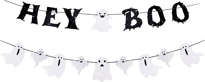 Ghost Banner Hey Boo Halloween Decorations, Pre-Strung Glitter Halloween Banner Indoor, Happy Ghost Boo Decorations for Mantle Wall Mantel Fireplace Office Home Props Supplies