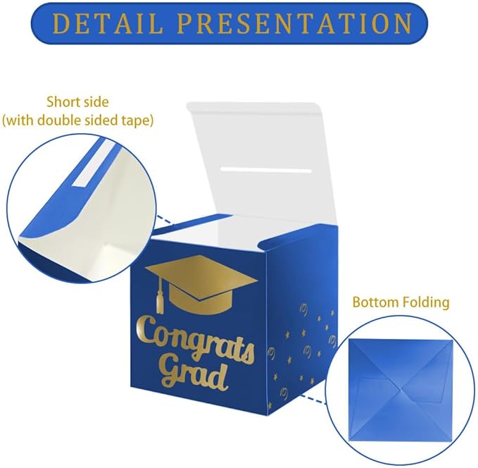 Graduation Card Box Holder, Congrats Grad Foldable Cardboard Decorations Box for Graduation Party Decoration and Grad Parties (Blue)