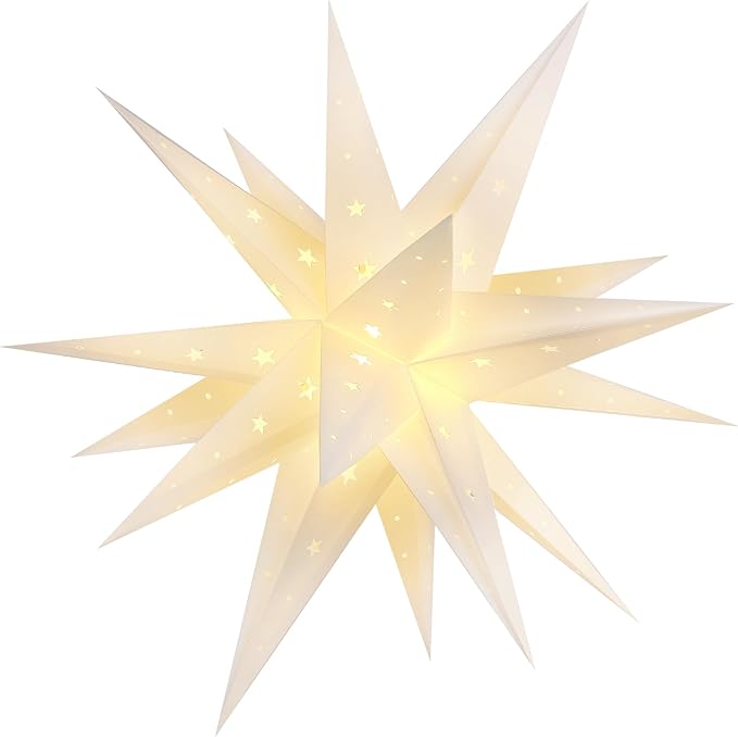 18" White LED Moravian Star Outdoor Light,Waterproof 3D Christmas Tree Topper Lamp with Timer Function,Hanging Outdoor Christmas Light for Holiday Porch Room Party Decoration