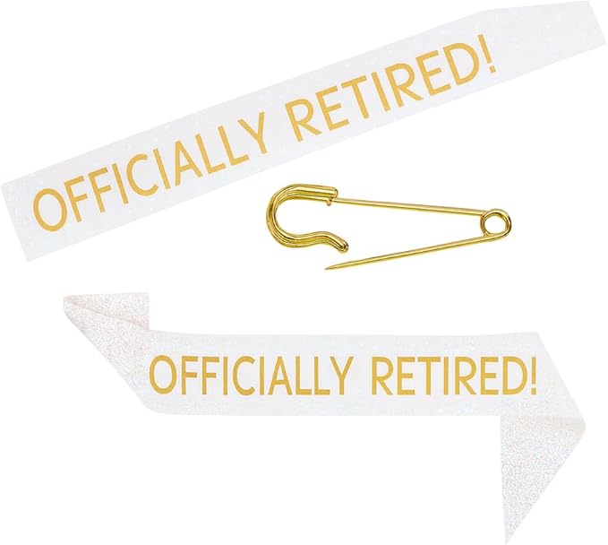 Officially Retired Celebration Sash - Elegant Retirement Sash for Women and Men with Oversized Safety Pin. Perfect for Retirement Parties, Events, and Decorations by JPACO (White)