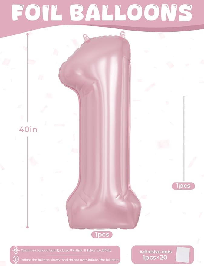 Pink Number 1 Balloons – 40 Inch Giant Foil Number Balloon, Light Pink Big Number Balloon for Girls Birthday, Baby Shower, Princess Theme Party Decorations