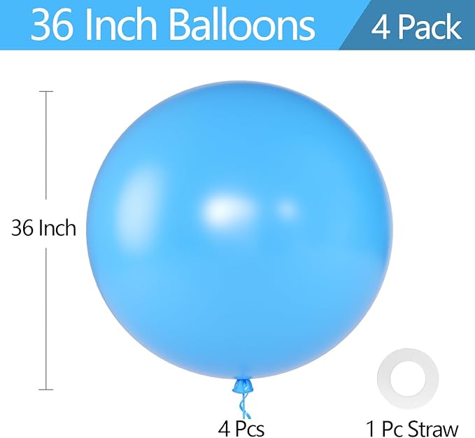 KALOR Light Blue Giant Balloons 36 Inch Large Latex Balloons, 4 Pack Jumbo Round Helium Balloon for Birthday Bridal Shower Wedding Baby Shower Party Decorations