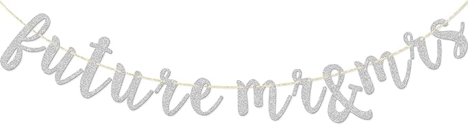 Future Mr & Mrs Banner, Engagement Decorations for Bridal Shower, Bride and Groom Party Pre-Strung (Silver Glitter)