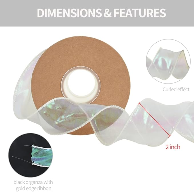 TONIFUL 1-1/2 Inch Wide Laser White Wired Chiffon Ribbon Shimmer Sheer Organza Ribbons for Crafts Floral Bouquets Wedding Party Decorations Valentine's Day Gift Wrapping Bow Making Wreaths (10yd)