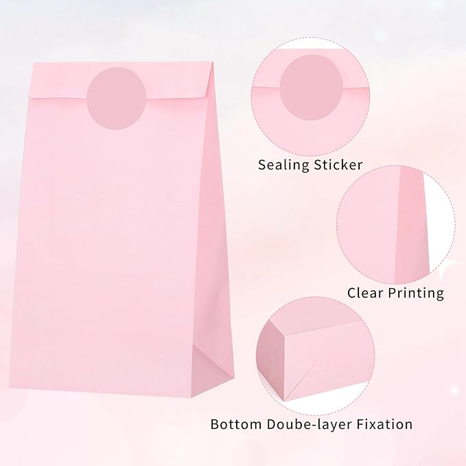 woric 36PCS Pink Paper Bags with Stickers, Small Pink Party Favor Bags for Girls Birthday Self Stand Easter Goodie Gift Bag for Kids Baby Shower Wedding