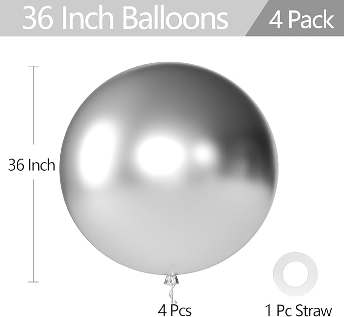 KALOR Metallic Silver Giant Balloons 36 Inch Large Latex Balloons, 4 Pack Jumbo Round Helium Balloon for Birthday Bridal Shower Wedding Baby Shower Party Decorations