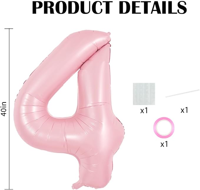 TONIFUL 40 Inch Pastel Pink Number 4 Balloon Balloon Big Pink Digital 4 Balloon for Girl's Birthday Party Wedding Bridal Shower Engagement Anniversary Photo Shoot Supplies
