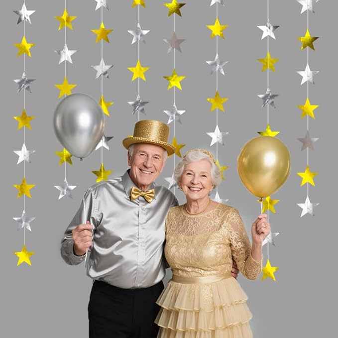 Gold Silver Shining Star Hanging Garland Gold and Silver Hanging Sparkling Star Streamer Glitter Bunting Banner Twinkle Backdrop for Wedding Baby Shower Birthday Christmas Decorations 40 Feet