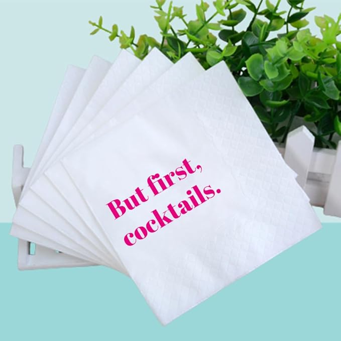 Funny Cocktail Napkins 100Pcs Funny Quotes Saying Disposable Paper Party Napkins 4.5 x 4.5 Two-ply (But First Cocktails Napkins)