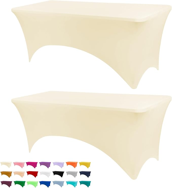 Table Covers for 6 Foot Tables, 2 Pack Ivory Washable and Wrinkle Resistant Stretch Tablecloths Rectangle 6ft for Events, Wedding, Banquets, Parties