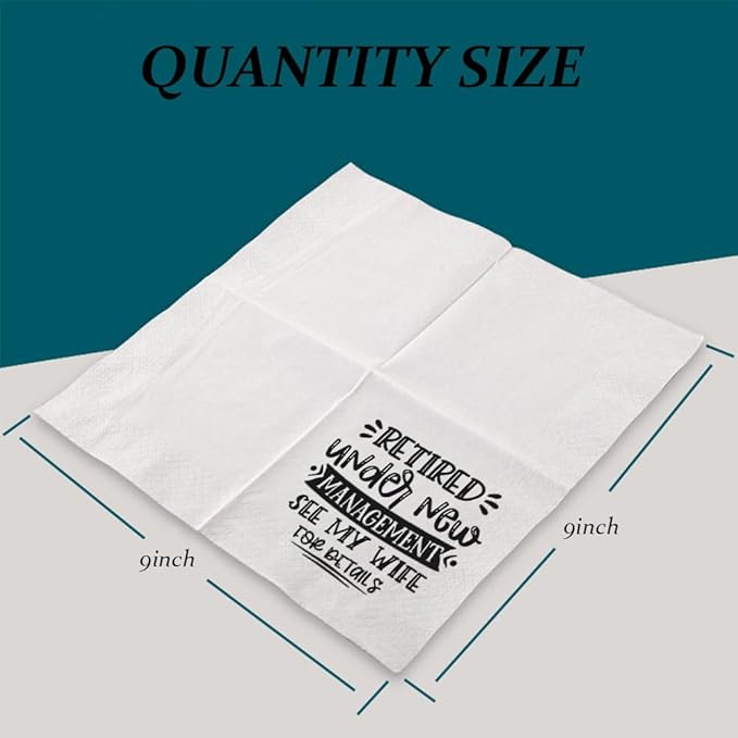 Retirement Cocktail Napkins Party Napkins Beverage Napkins Bar Napkins Disposable Paper Novelty Humorous Gag Gift 100Pcs 4.5 x 4.5 16-ply (Retired Under New Management See My Wife For Details)