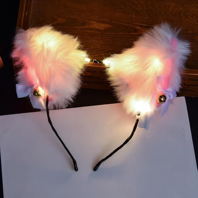 Light Up Headband Cat Ears With Bell Furry Headband Rave Accessories For Women Girls Valentine's Day Party Costume