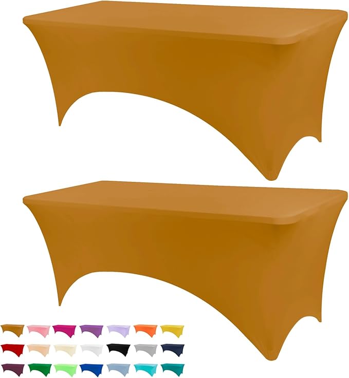 Table Covers for 6 Foot Tables, 2 Pack Gold Washable and Wrinkle Resistant Stretch Tablecloths Rectangle 6ft for Events, Wedding, Banquets, Parties