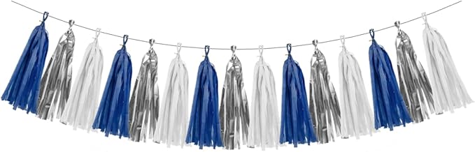 Silver Navy-Blue White Birthday-Party-Decorations - 15Pcs Tissue Paper Tassel Garland Graduation Christmas Decoration Baby Shower Bridal Wedding Engagement Bachelorette Hanging Decor HongTongTong