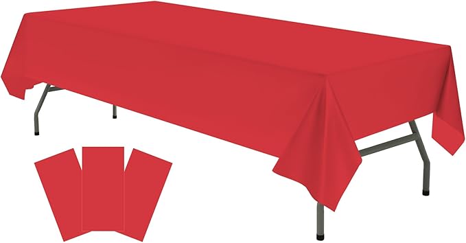 Plastic Red Tablecloths 3 Pack Disposable Table Covers 54 x 108 Inch Ruby Shine Red Table Cloths for Parties Anniversary Thanksgiving Christmas Graduation Wedding, Fits 6 to 8 Foot Rectangle Tables