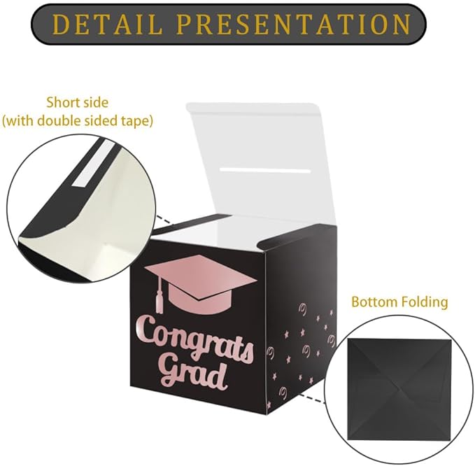 Graduation Card Box Holder, Congrats Grad Foldable Cardboard Decorations Box for Graduation Party Decoration and Grad Parties (Rose Gold)