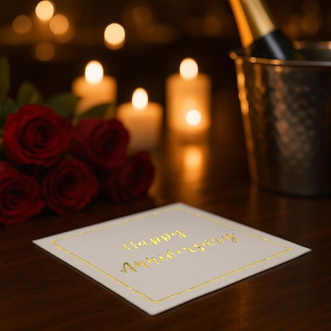 Happy Anniversary Decorations, 50 Pack, Gold Foil Cocktail Napkins, Wedding Dating Anniversaries Decorations Decor Supplies, Beverage Napkin