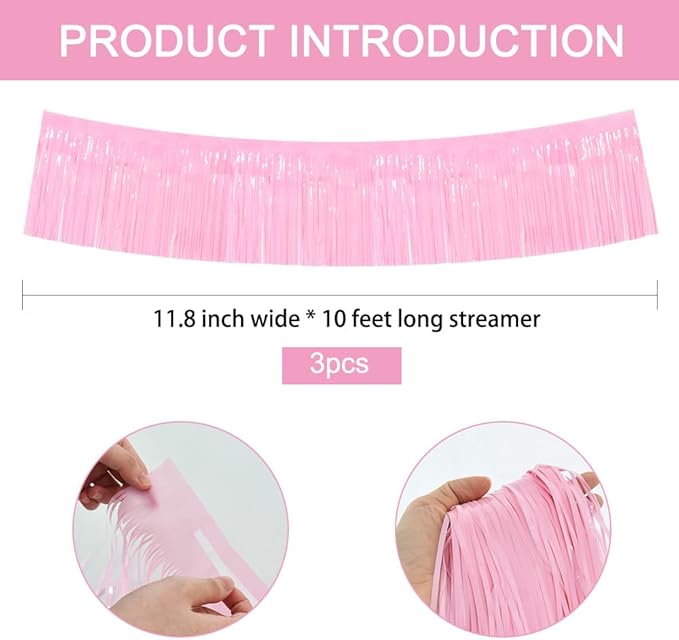 BEISHIDA 3 Packs Metallic Foil Fringe Garland Macaron Pink Wall Hanging Tinsel Fringe Banners for Car Floats Bridal Shower Wedding Birthday Easter Graduation Holiday Party Decoration(30 Feet)