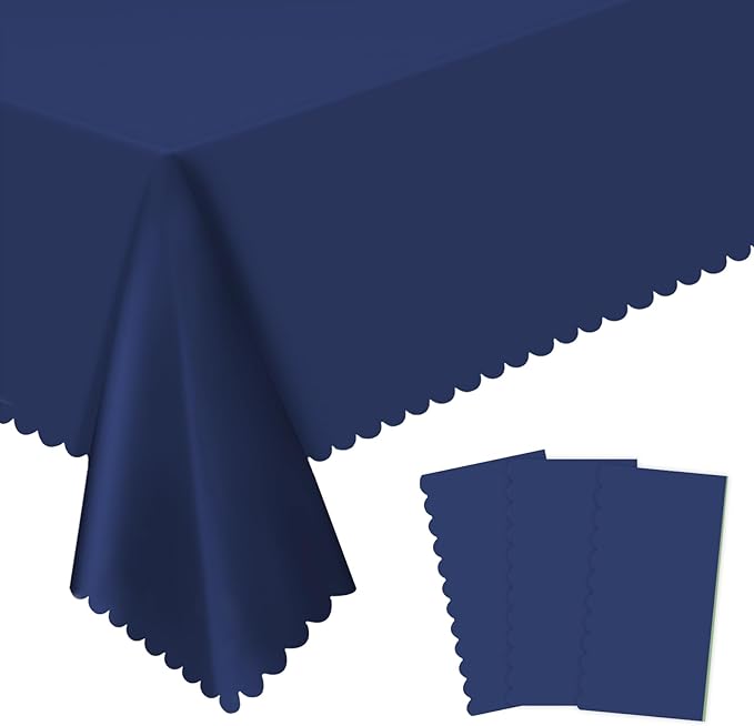 3 Pack Plastic Navy Blue Tablecloth, 54 X 108 Inch Graduation Scalloped Table Cloth for Rectangle Table Disposable Spring Tablecloth for BBQ Picnic Birthday Dinner Holiday Graduation Celebration Party
