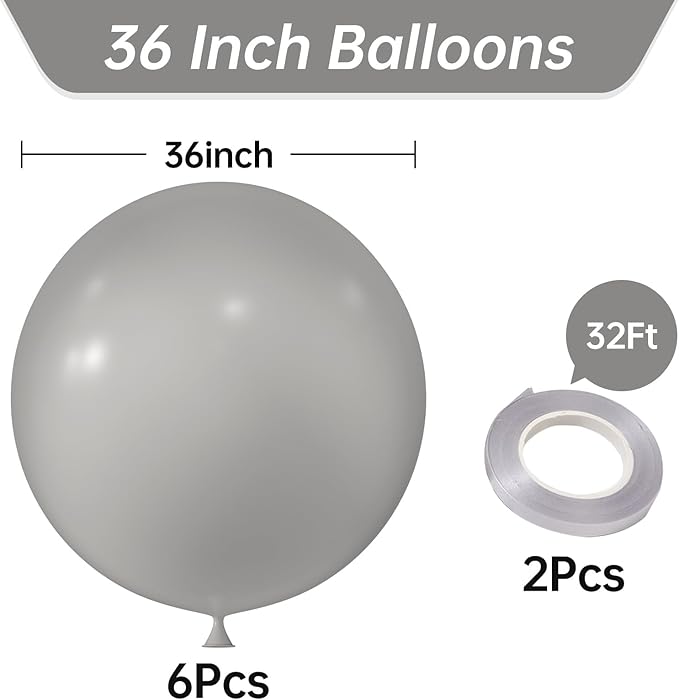KALOR 36 Inch Giant Retro Gray Balloons, 6 Pack Large Round Retro Gray Latex Balloons for Anniversary, Birthday, Christmas, Wedding, Baby Shower Party Decorations