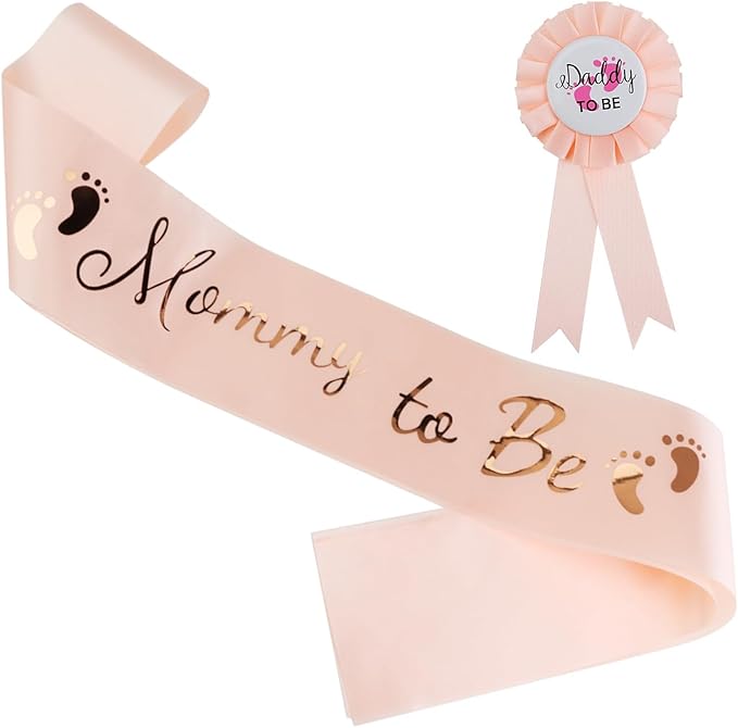 2 Pcs Baby Shower Decorations, Mommy to Be Sash and Daddy to Be Badge Set, It's a Themed Party Supplies for Baby Shower and Gender Reveal Decoracion (Champagne 2 Pcs)