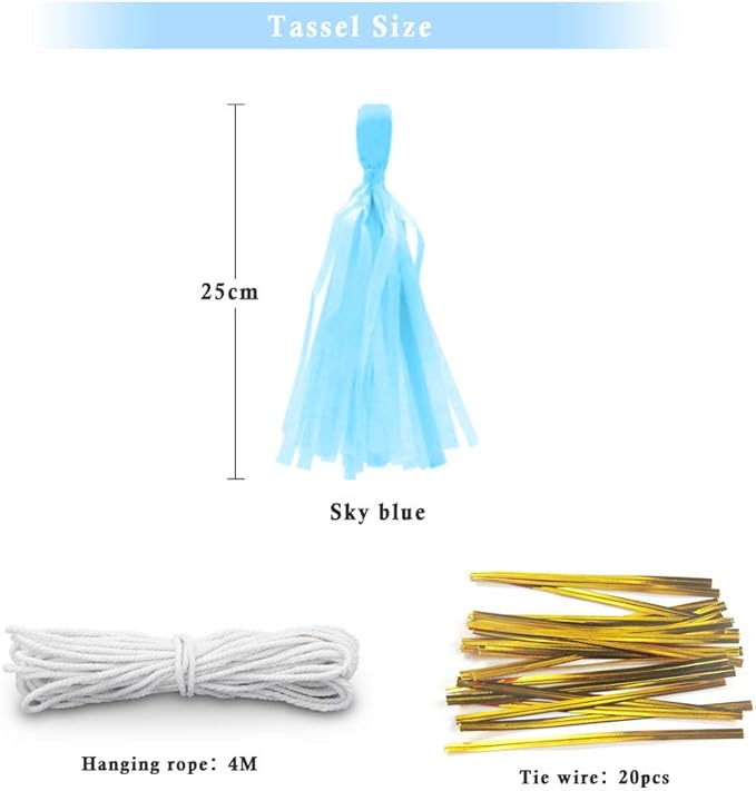 9.8in Tissue Paper Tassel DIY Hanging Paper Decorations Party Garland for Parties, Weddings, Festivals, Baby Showers - 20PCS (Sky Blue 25cm)