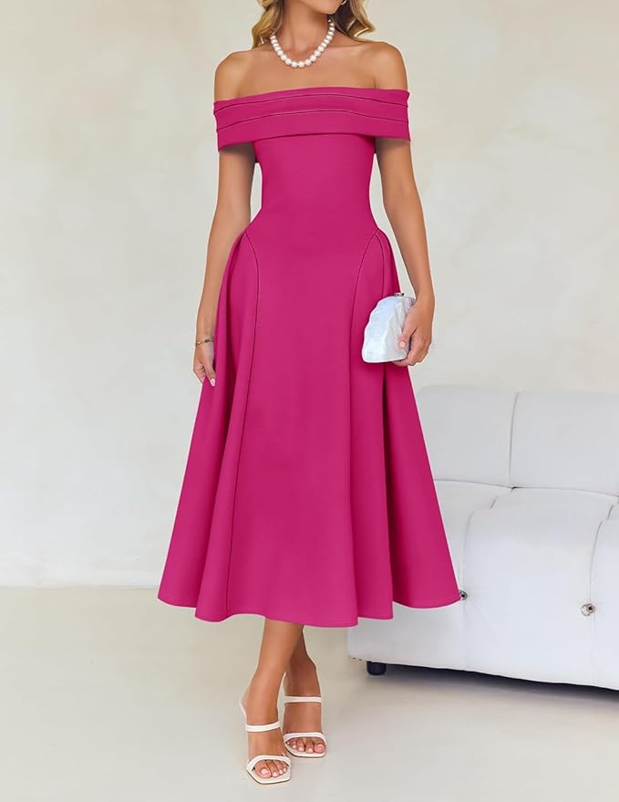 ZESICA Summer 2026 Cocktail Dresses for Women's Off Shoulder Short Sleeve Swing A Line Wedding Evening Party Midi Dress