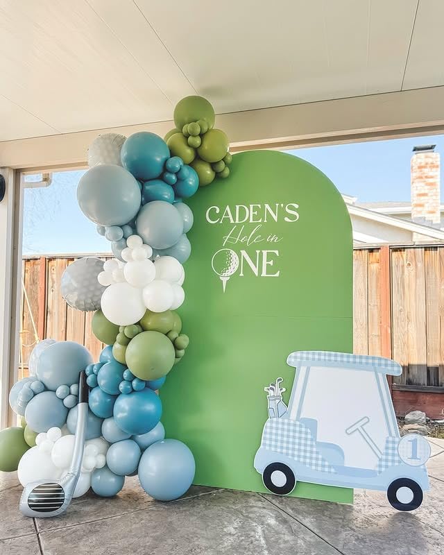 Hole in One Balloon Garland Arch Kit 131 Blue Green White Latex Balloons with Golf Cart and Ball Foil Balloons for Hole in One First Birthday Golf-Themed Retirement Party Decoration