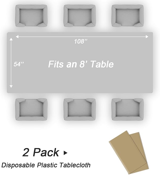 QIKSION Gold Plastic Table Cloth Disposable 2 Pack, 54 x 108 Inch Tablecloths for Graduation, Thanksgiving, Christmas Decorations, Rectangle Table Cover