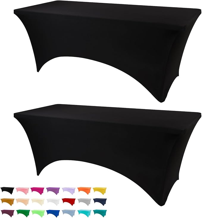 Table Covers for 6 Foot Tables, 2 Pack Black Washable and Wrinkle Resistant Stretch Tablecloths Rectangle 6ft for Events, Wedding, Banquets, Parties