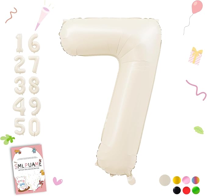 Smlpuame 40 Inch Beige Number 7 Balloons for Girls Boys 7th Birthday, Giant Self Inflating Cream Foil Number Balloons 0-9 Large White Sand Digital 7 Balloon for Party Decorations Anniversary Supplies
