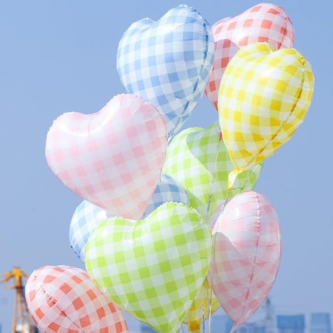Pastel Grid Heart Balloons, 10 Pcs Rainbow Checkered Heart Shape Balloon, 18 Inch Pink Yellow Blue Red Green Lattice Foil Balloons Helium for Kids Birthday Valentines Baby Shower Party Decorations