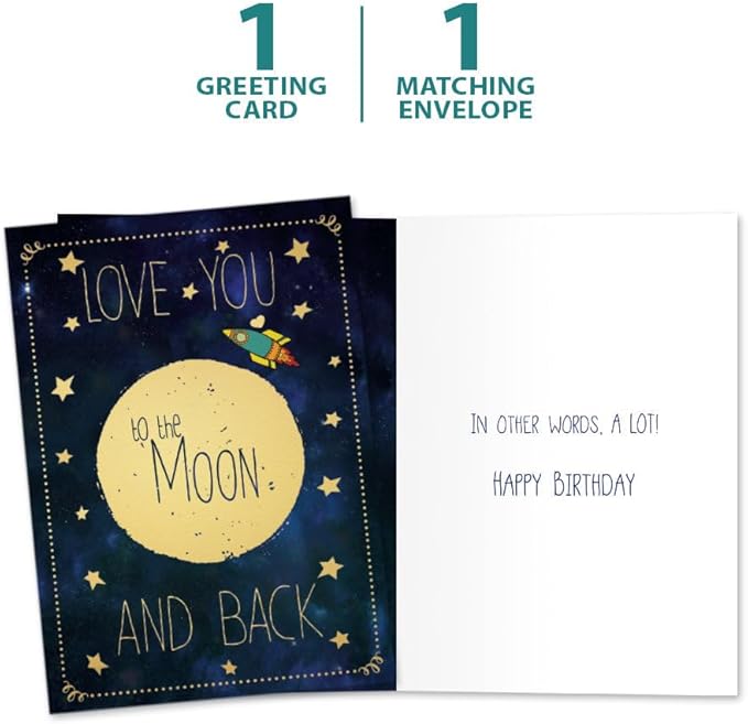 Tree-Free Greetings - Birthday Card - Artful Designs - 1 Card + Matching Envelope - Made in USA - 100% Recycled Paper - 5 x 7 - Moon and Back (VO69636)