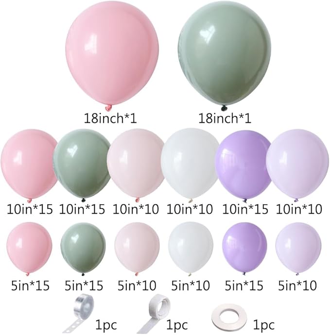 Fairy Wonderland Party Decorations 155Pcs Dusty Green Pink Purple Balloons Garland Arch Kit Pastel Pink Lavender Purple White Latex Balloons for Spring Tea Party Wedding Birthday Flower Party Backdrop
