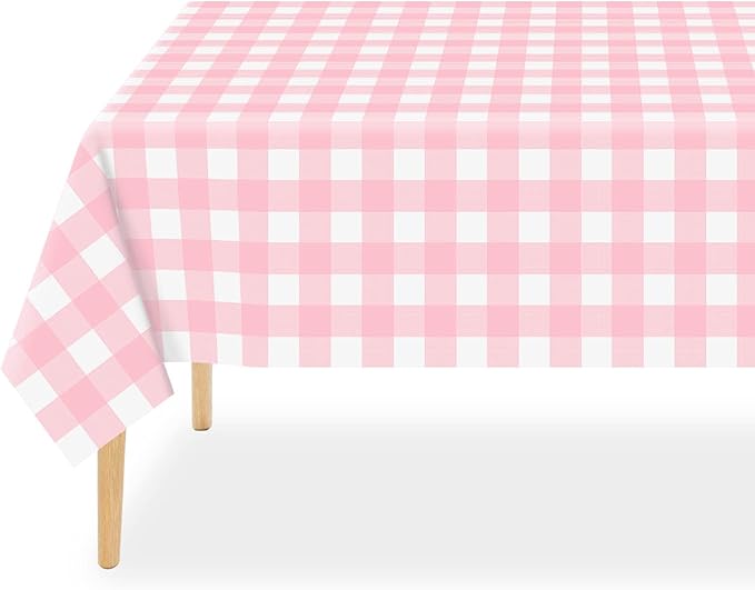 QIKSION Pink Gingham Tablecloth Disposable 12 Pack, 54 x 108 Inch Pink and White Checkered Table Cloth for Baby Shower, Easter, Mothers Day Decorations, Birthday Party, Rectangle, Plastic Table Cover