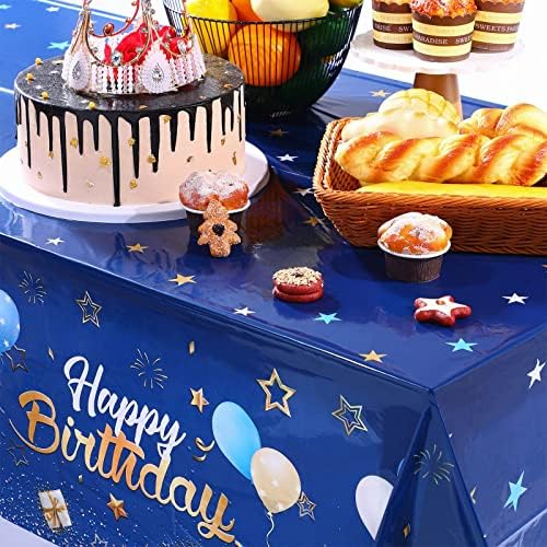 Tegeme Navy Blue Party Supplies Stars Happy Birthday Tablecloths Starry Confetti Table Covers for Kids Boys Girls Baby Shower Birthday Party Decorations(Navy Blue and Gold,6 Pack)