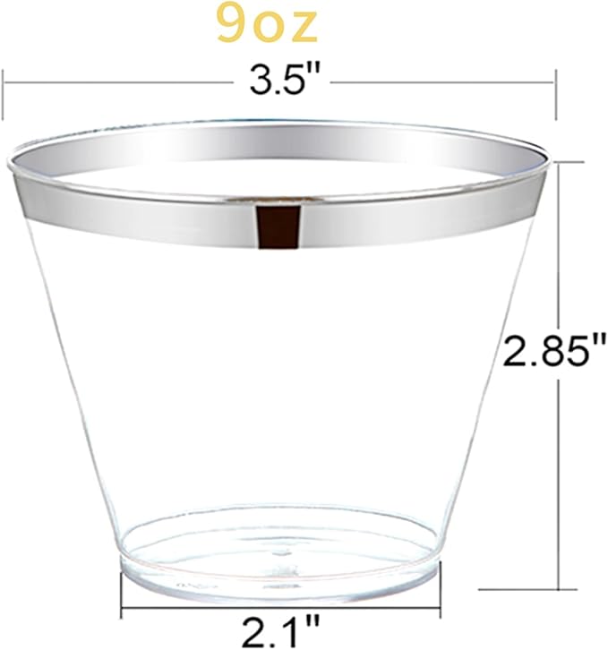 Hioasis 200Pcs 9OZ Clear Plastic Cups with silver Trim - Plastic Disposable Cups, Heavy Duty & BPA-free for Party, Wedding, Celebration
