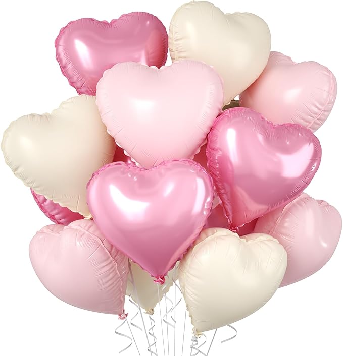Pink Heart Balloons, 10 Pcs Pastel Light Baby Pink White Foil Heart Shaped Balloon, 18 Inch Cream Sand White Balloons Helium for Engagement, Brithday, Baby Shower, Wedding, Valentines Party Decoration