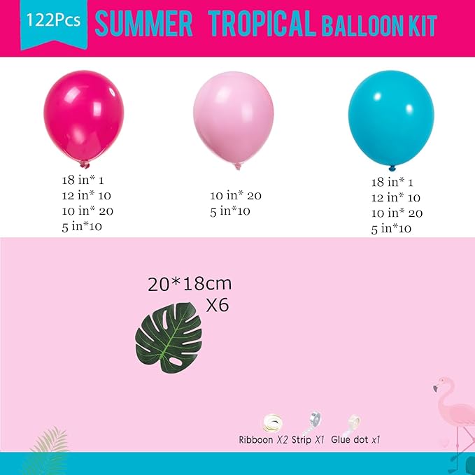 Tropical Hot Pink Teal Blue Balloon Garland arch kit 152 Pcs with Pastel Pink DIY Long Colored Balloons for Summer aloha Birthday Baby shower Gender reveal Hawaii cartoon Theme Decoration Supplies