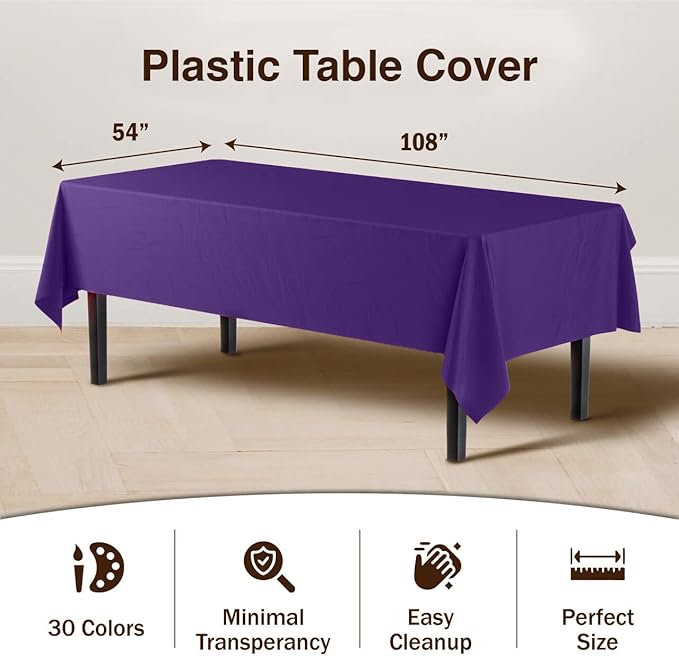 Exquisite Party Solids 6-Pack Premium Plastic Tablecloth 54in. x 108in. Rectangle Plastic Table Cover - Purple